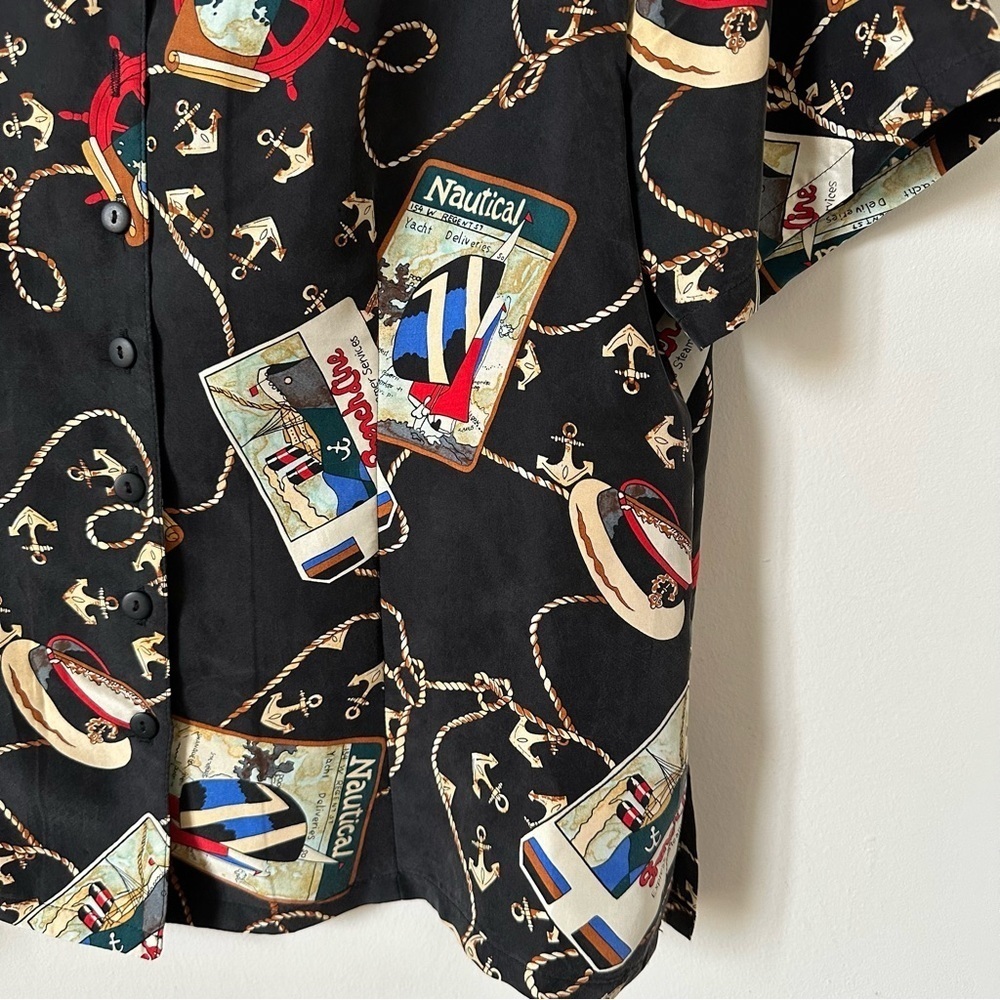 Vintage 100% Silk Nautical Print Button Down Shirt Black Casual Corner L - Picture 5 of 6